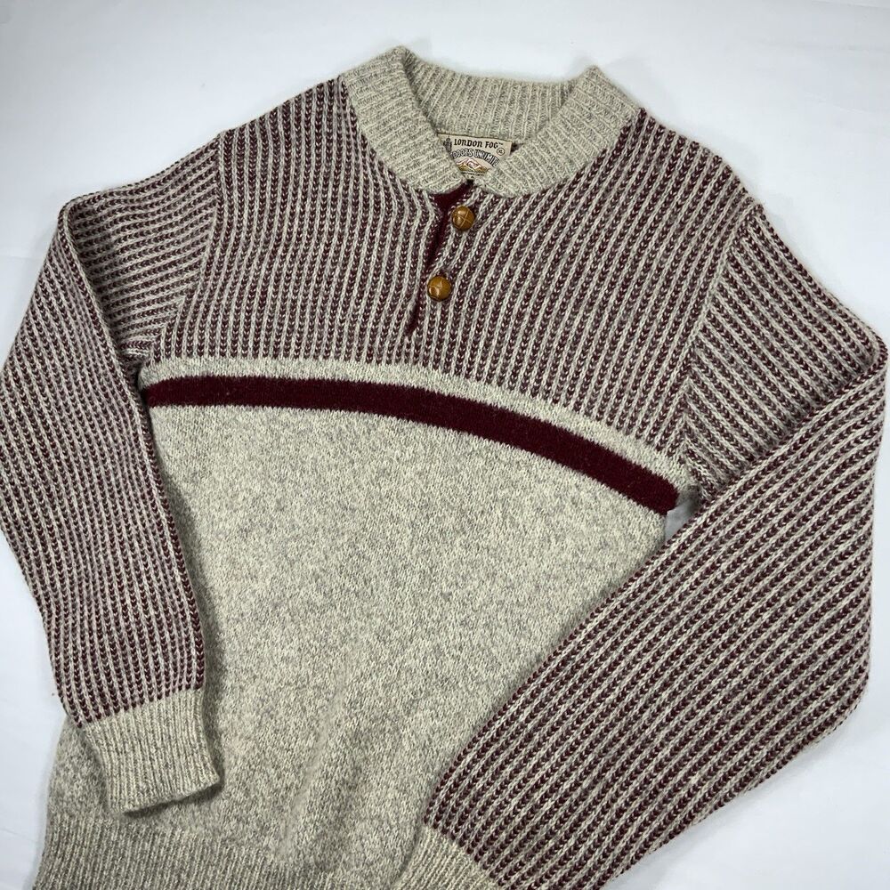 Vintage London Fog Outdoors Unlimited Wool Sweater Size XL Chunky Knit Henley